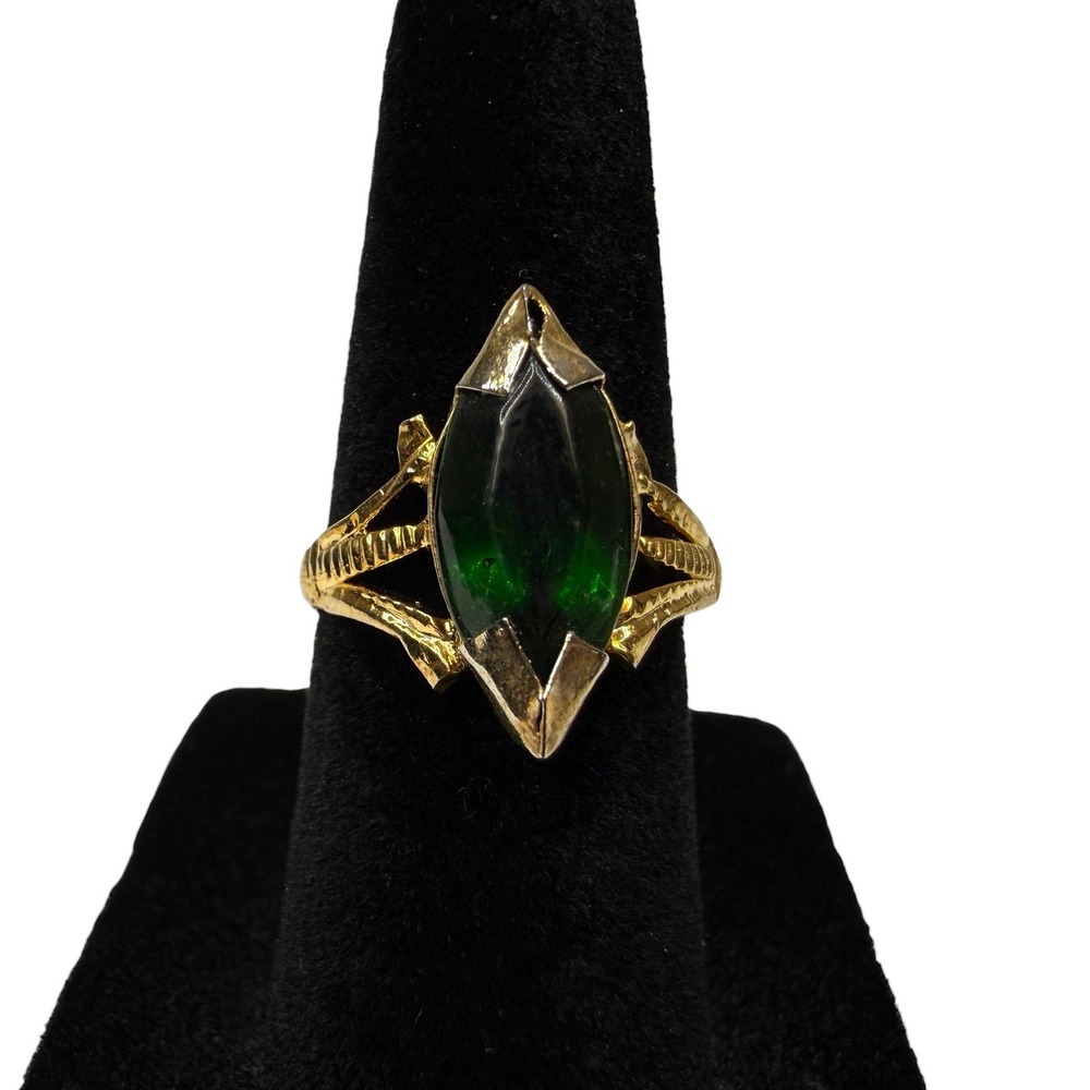 Vintage Style Gold Tone Emerald Marquise Stone Ring Statement Jewelry Size 5